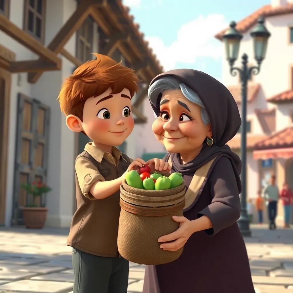 Lucas, un niño pequeño con cabello castaño, ayudando a una anciana, con cabello canoso y vestido, a levantar un saco de verduras en la plaza del pueblo, con sonrisas y agradecimiento, ilustración, cálida, corazón amable