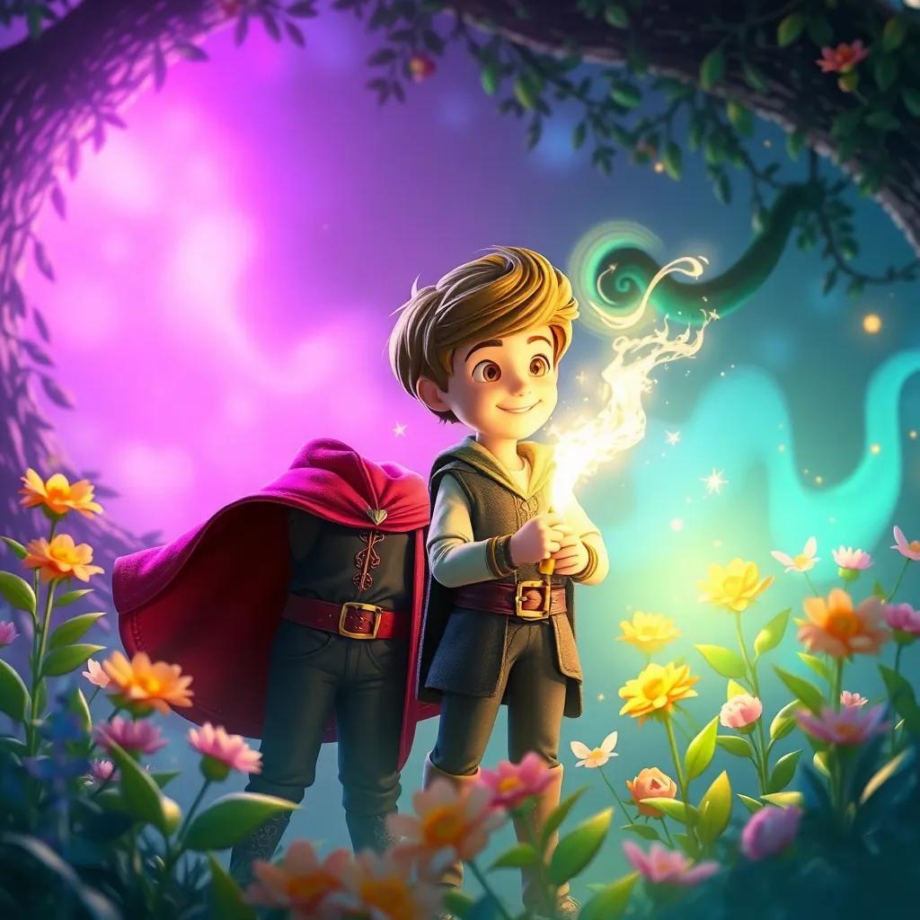 Lucas y el mago, en un entorno mágico, con la vara mágica iluminada, mientras se preparan para un hechizo, rodeados de flores que crecen, digital art, vibrante, lleno de vida