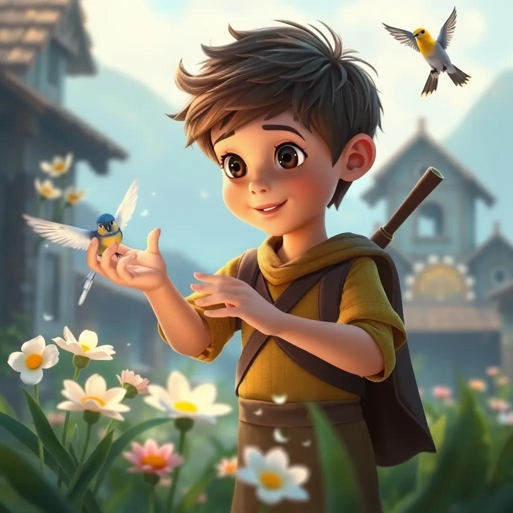 Lucas, un niño pequeño con una vara mágica, usando su magia para hacer que las flores crezcan y los pájaros canten en el pueblo, digital painting, hermoso, primaveral