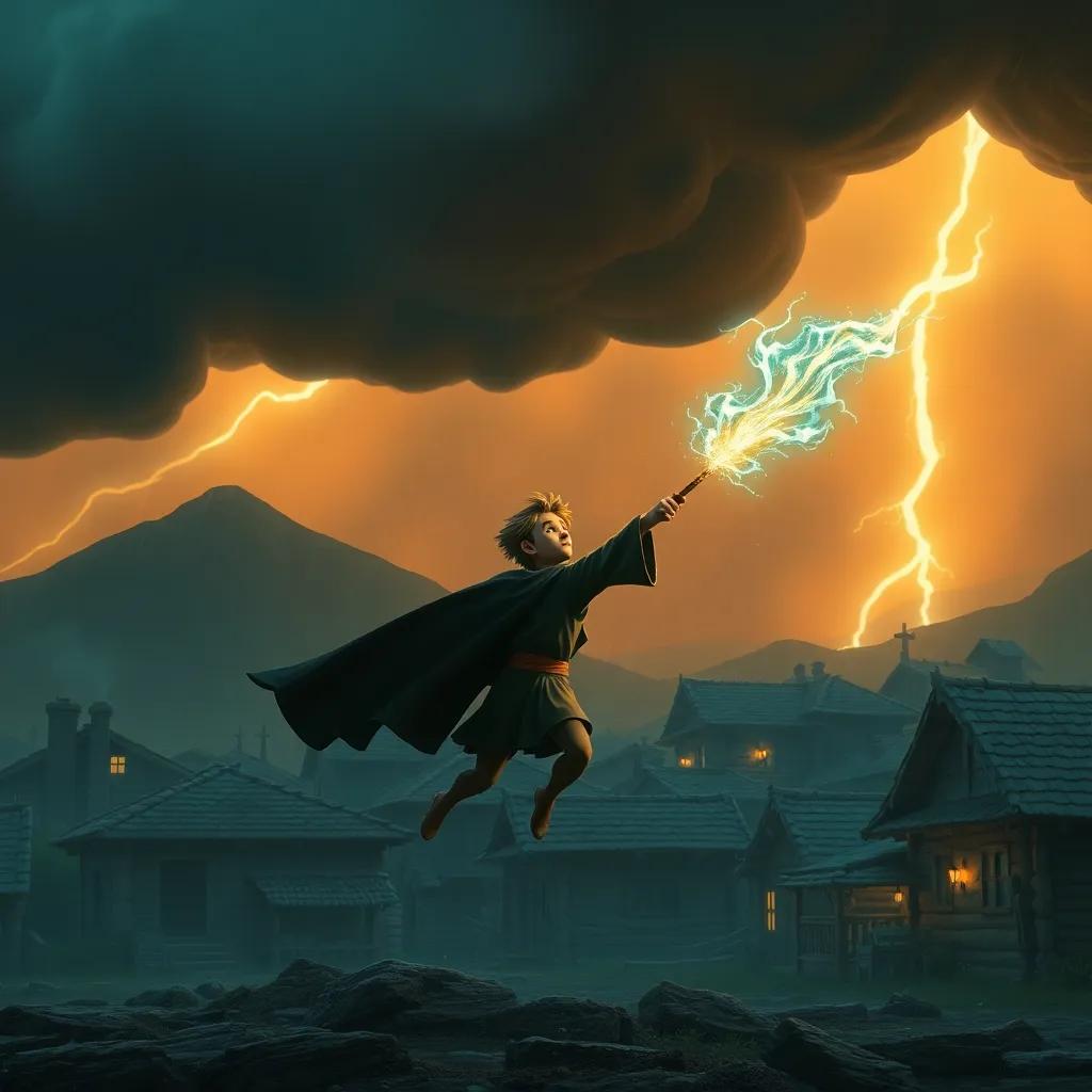 Una tormenta oscura sobre el pueblo, con Lucas y el mago luchando contra los vientos con su magia, un momento épico pero valiente, digital art, dramático, lleno de acción