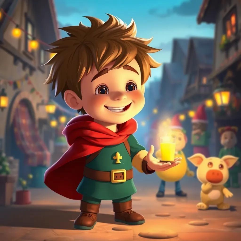 Lucas, un niño pequeño, ahora un gran mago, sonriente rodeado de amigos en el pueblo después de haber salvado el día, ambiente festivo, cálido y feliz, ilustración, celebración, alegría