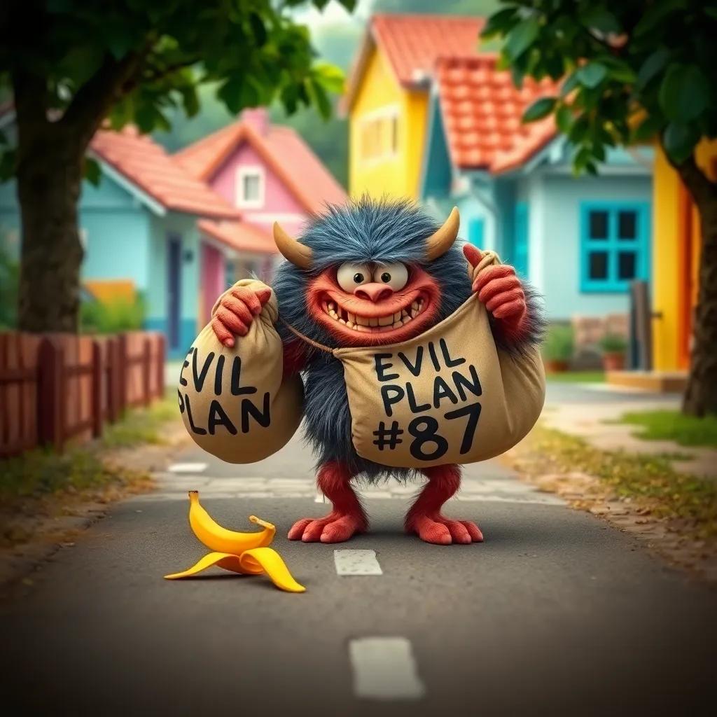 A mischievous fuzzy monster, Labubu, dragging a heavy sack labeled 'EVIL PLAN #87' on a village road, placing a banana peel down, colorful houses in the background, whimsical style, cheerful vibe, bright colors, high quality.