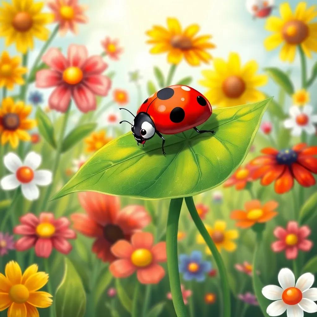 A cheerful ladybug, small and red with black spots, sitting on a green leaf in a vibrant garden with colorful flowers, illustration, bright and lively, sunny atmosphere, whimsical