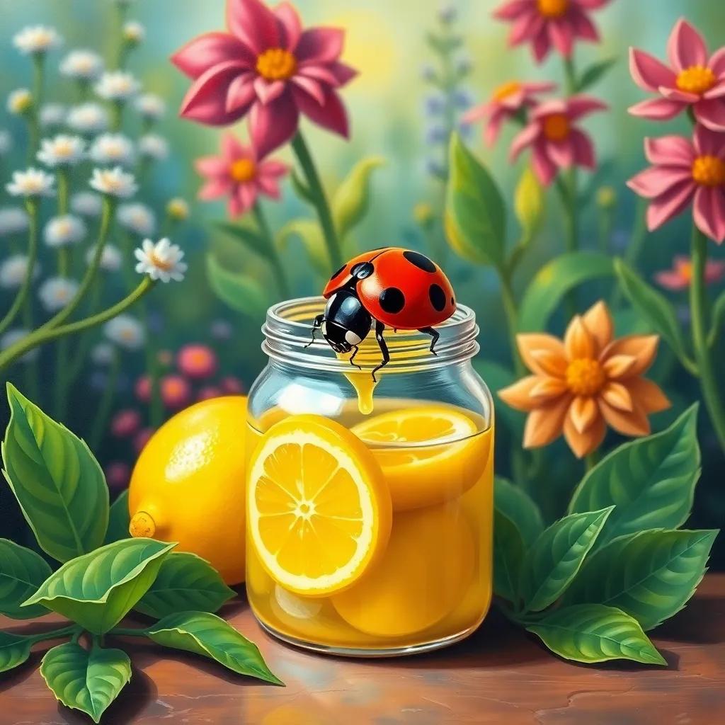 A ladybug mixing lemon juice in a cute little jar with green leaves around, colorful background of a garden, playful style, vibrant color, engaging scene