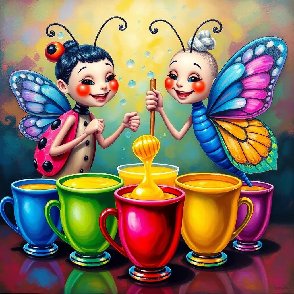 Two happy characters, Ladybug and Butterfly, stirring lemon juice with honey, surrounded by colorful cups filled with their delicious creation, joyful atmosphere, colorful