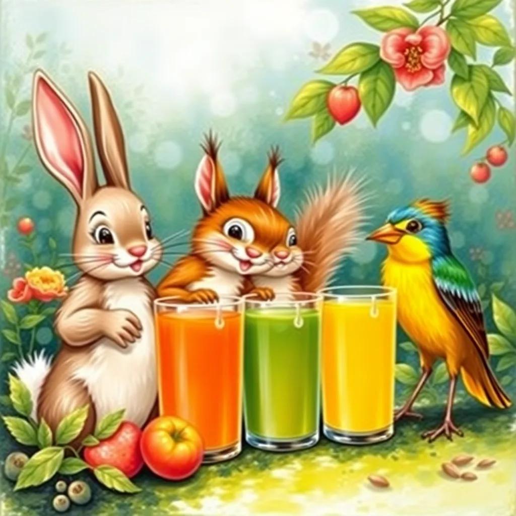 A group of garden friends - a bunny, a squirrel, and a bird - lining up to taste the juice, all smiles and excitement, in a bright garden scene, colorful and cheerful