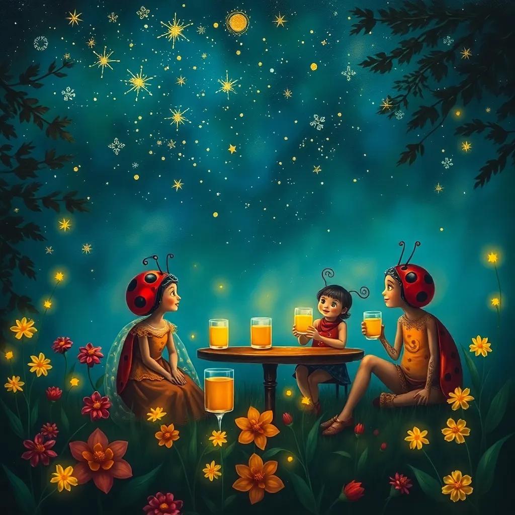 A night scene with Ladybug and her friends enjoying juice under a starry sky, with fireflies glowing and the garden shining, magical and warm, enchanting scene