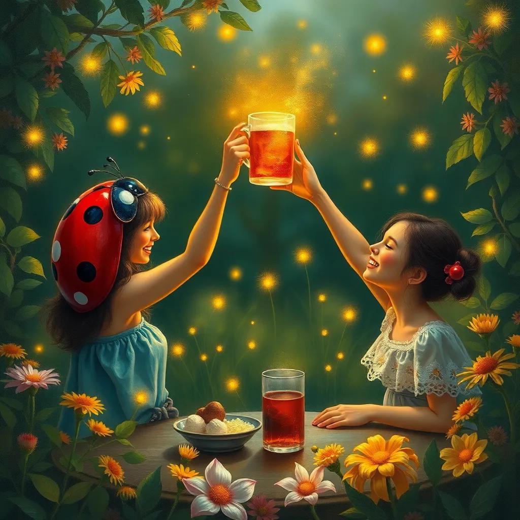 Ladybug raising her cup to toast with friends in the garden, filled with joy and laughter, beautifully lit by fireflies, heartwarming and bright