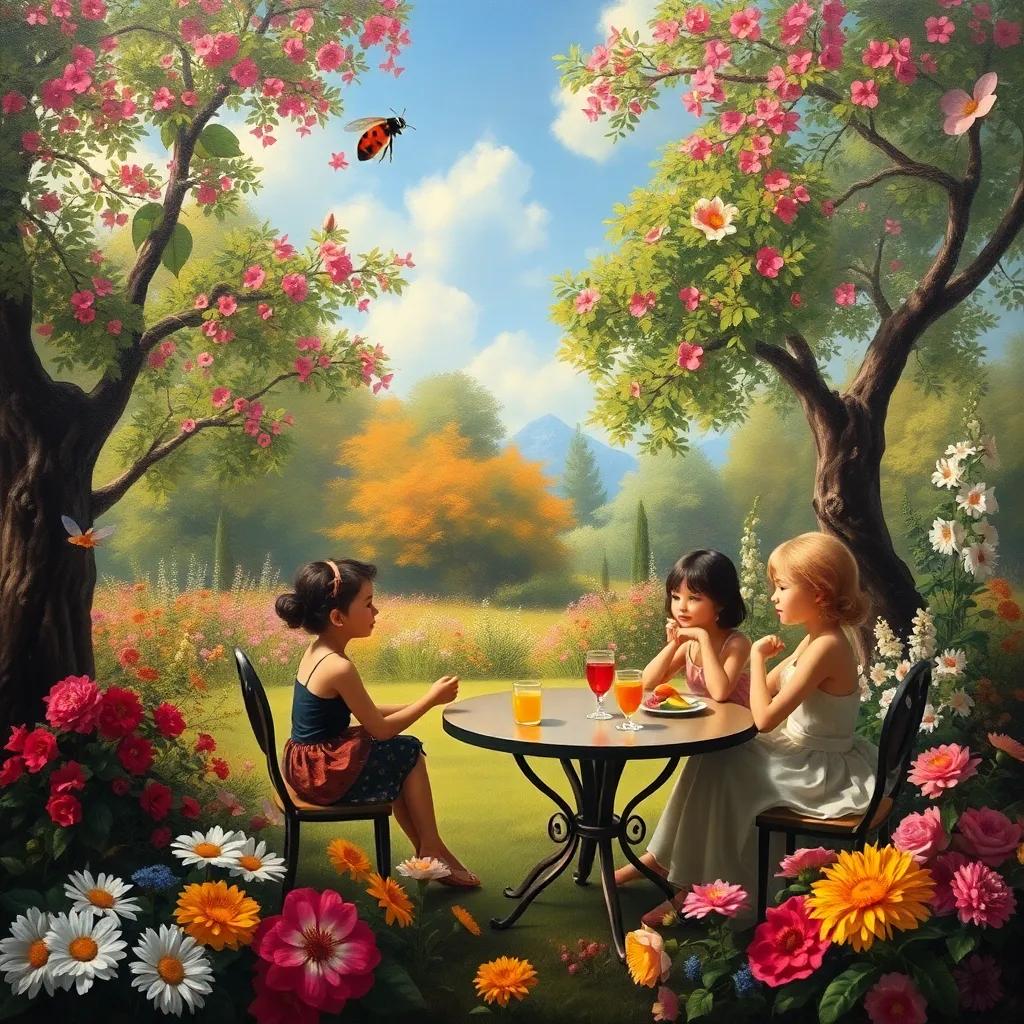 An idyllic garden with trees, flowers, and a soft breeze, Ladybug and friends sitting around, sipping juice and enjoying each other's company, vivid colors, serene