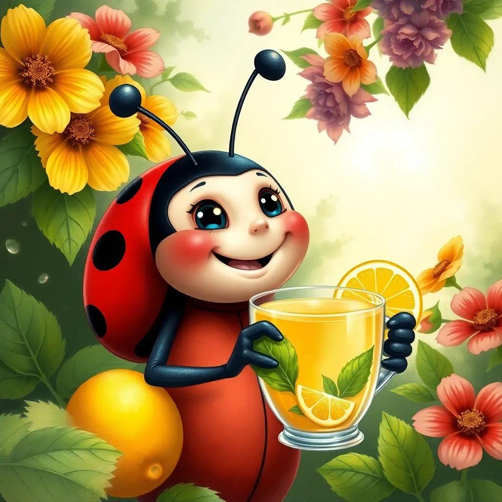 A beautifully illustrated scene showing Ladybug’s happy expression with a cup of lemon and leaf juice in hand, surrounded by garden beauty, joyful and vibrant