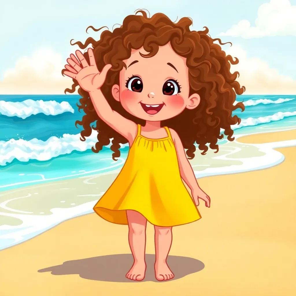 A little girl, Laia, with curly brown hair and wearing a bright yellow dress, standing on a sunny beach with waves crashing, excitedly waving at the ocean, digital art, warm colors, joyful atmosphere, vibrant view, high quality