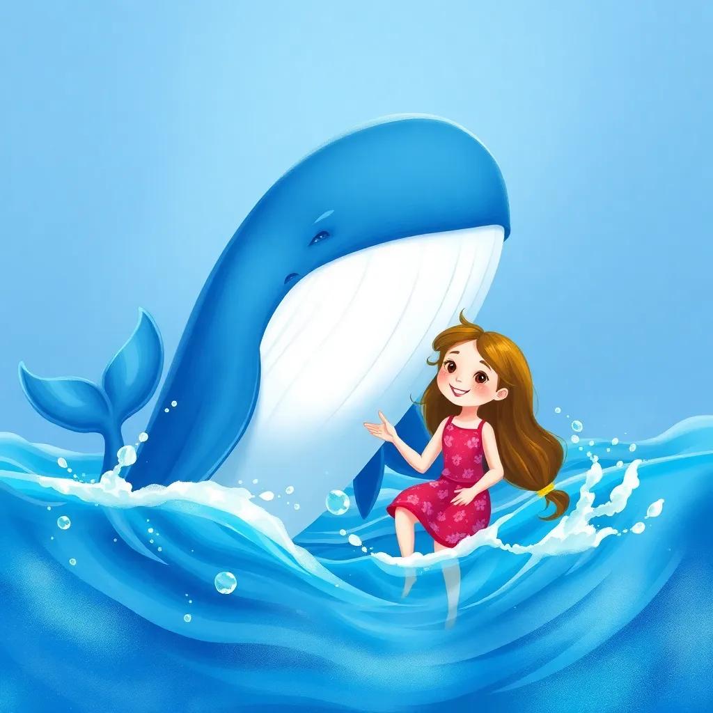 A giant blue whale, Azulito, surfacing next to Laia, with sparkling water splashing around, both looking happy and connected, bright blue sea, illustration, colorful, adventurous, heartwarming, high quality