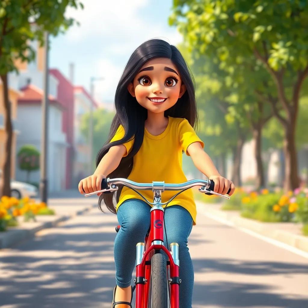 A young Arab girl, Laila, with long black hair wearing a bright yellow shirt and blue jeans, riding a shiny red bicycle down a sunny street with trees and flowers around, cheerful atmosphere, digital art, vibrant colors, joyful perspective, high quality