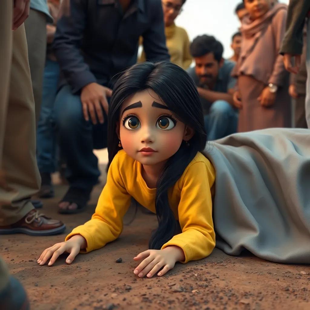 Laila, a young Arab girl with long black hair and bright yellow shirt, lying on the ground next to a silver car, surrounded by worried bystanders, with one man kneeling beside her, concerned expressions, moment of care, digital art, serious yet warm atmosphere, engaging perspective, high quality