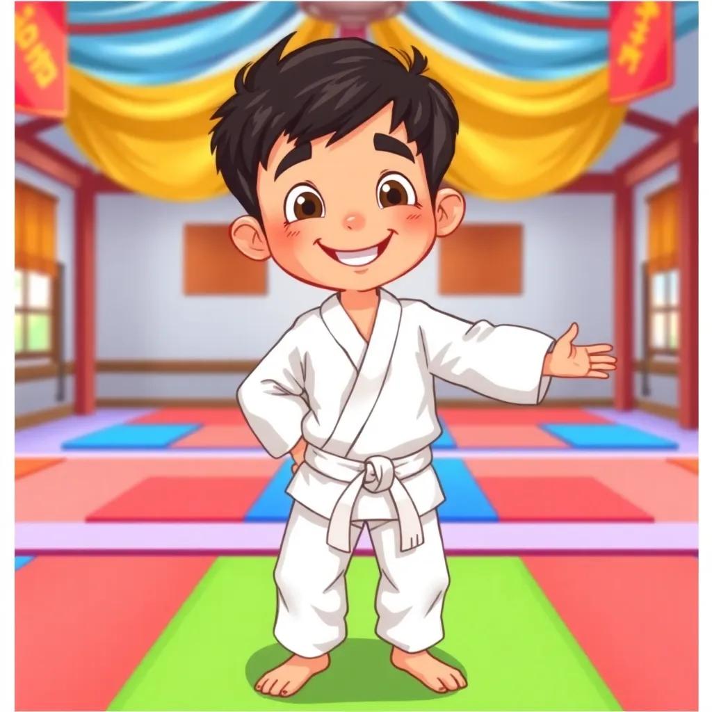 A young boy, Laith, with short black hair, wearing a white karate uniform and a white belt, smiling and practicing karate poses in a bright dojo filled with colorful mats, digital art, lively colors, cheerful atmosphere, high quality