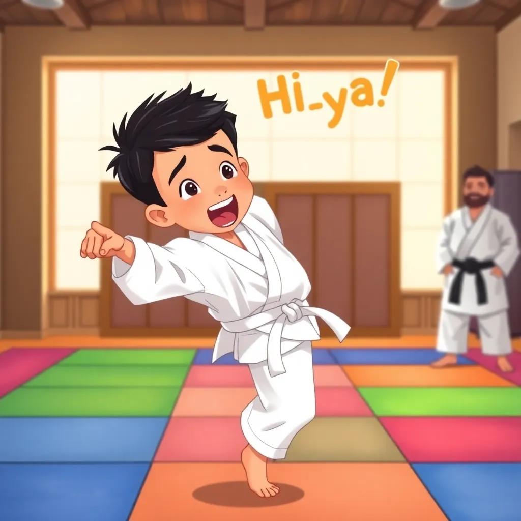 A young boy, Laith, with short black hair, wearing a white karate uniform and a white belt, shouting 'Hi-ya!' with excitement while kicking high, in a dojo with a sensei watching proudly, colorful mats, bright lighting, action-packed scene, digital art