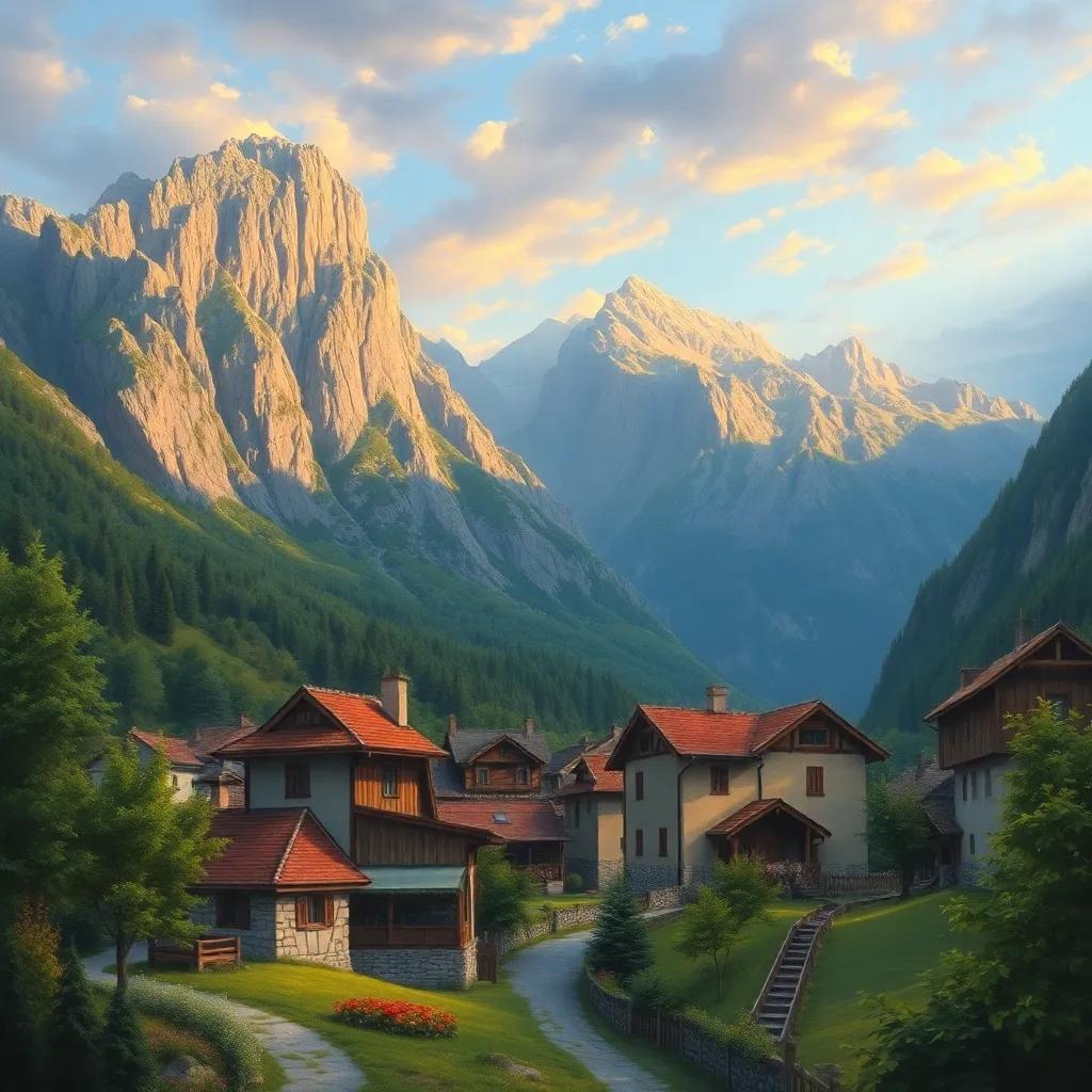 A small village nestled at the foot of towering mountains, with rustic houses and lush greenery, evening light shining down, welcoming atmosphere, vibrant colors, high quality