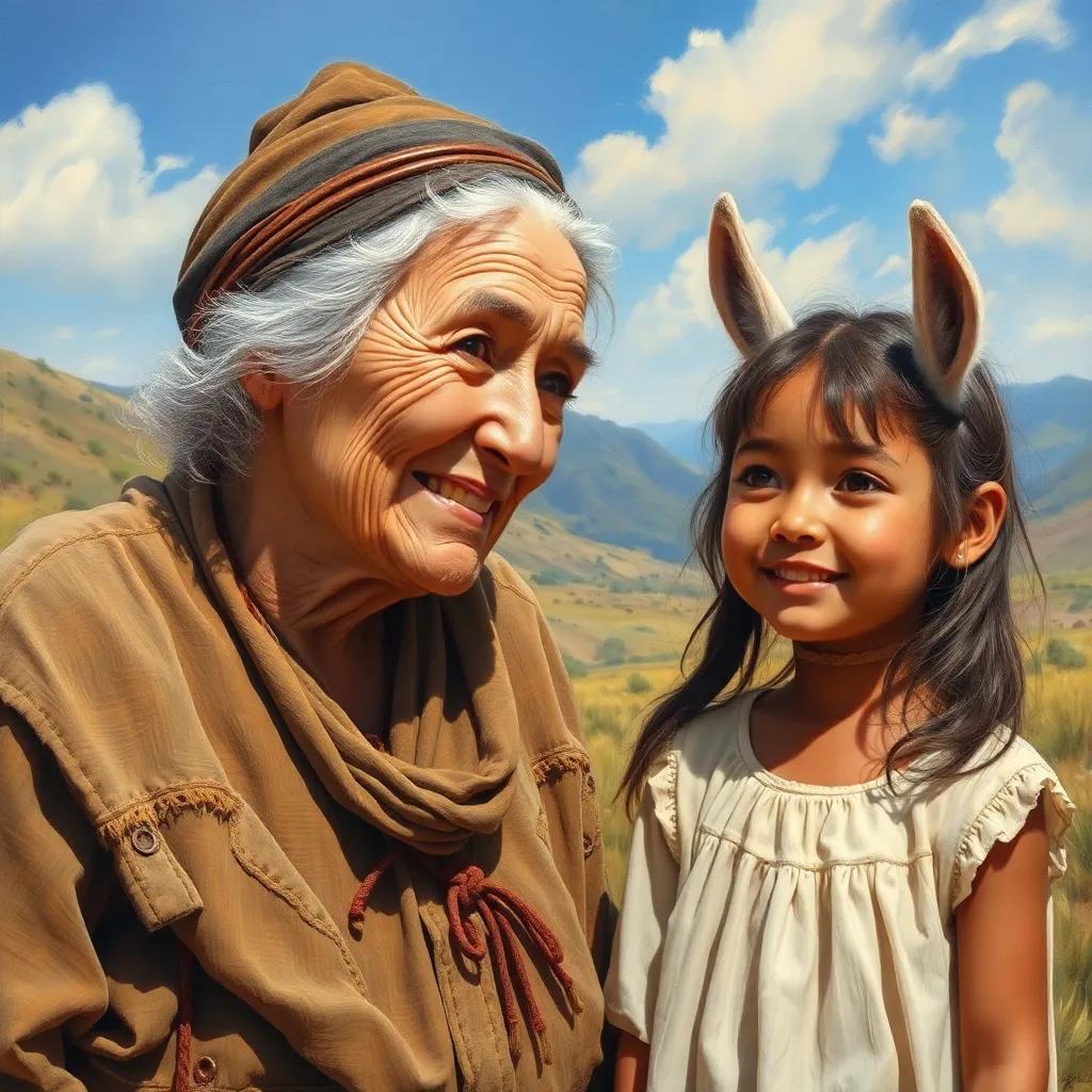 An old woman with weathered skin and ragged clothes, smiling gently at a curious girl named Lama, a sunny day, friendly and inviting, colorful landscape, high quality