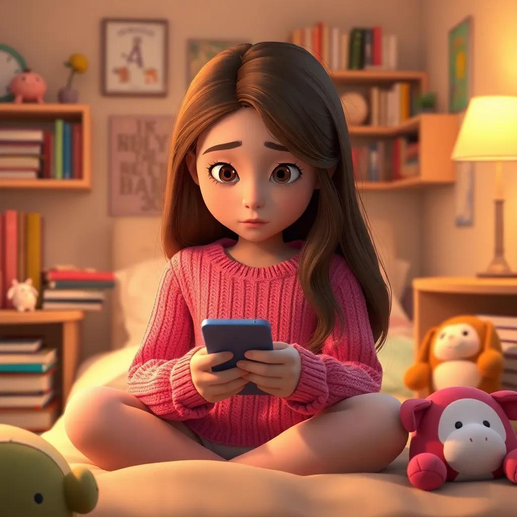A young girl, Léa, with long brown hair, wearing a cozy pink sweater, sitting on her bed in a tidy room filled with books and soft toys, looking at her phone with anxiety, digital art, warm colors, inviting atmosphere, high quality