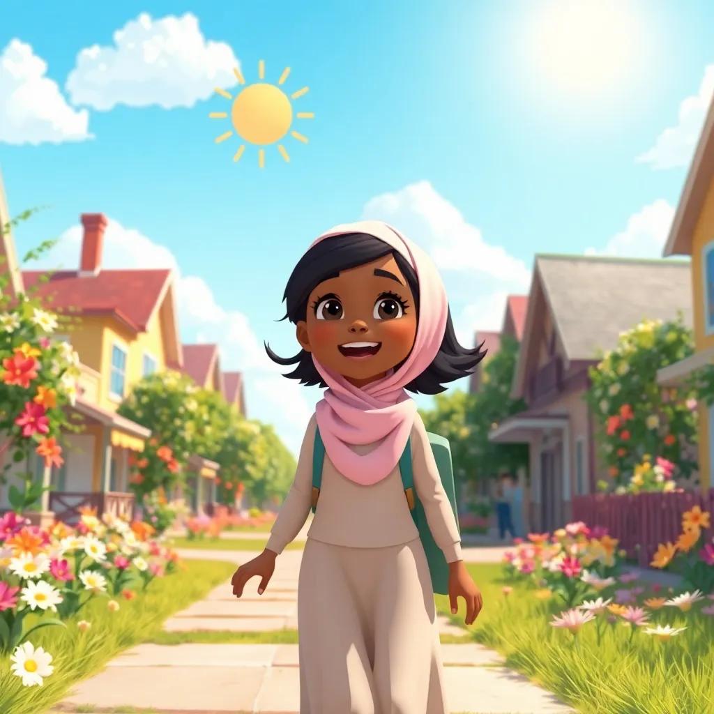A bright sunny day in a cheerful town with flowers blooming everywhere, A joyful girl, Lana, with dark hair and brown skin, wearing a light pink hijab, walking excitedly towards her school, digital art, vibrant colors, warm sunlight, happy atmosphere