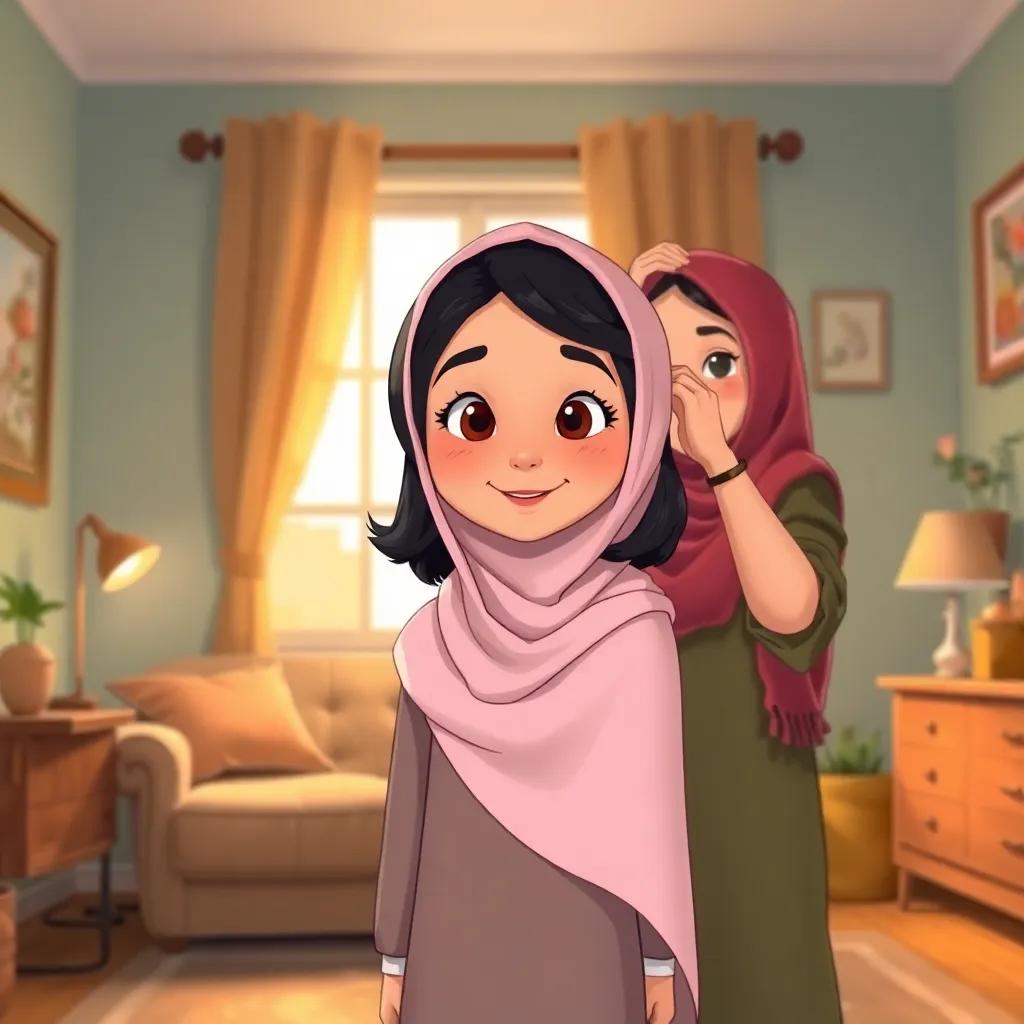 A cozy room where Lana's mother helps her put on her hijab, Lana, a young girl with dark hair, wearing a light pink hijab, smiling with pride, warm light, inviting space, illustration