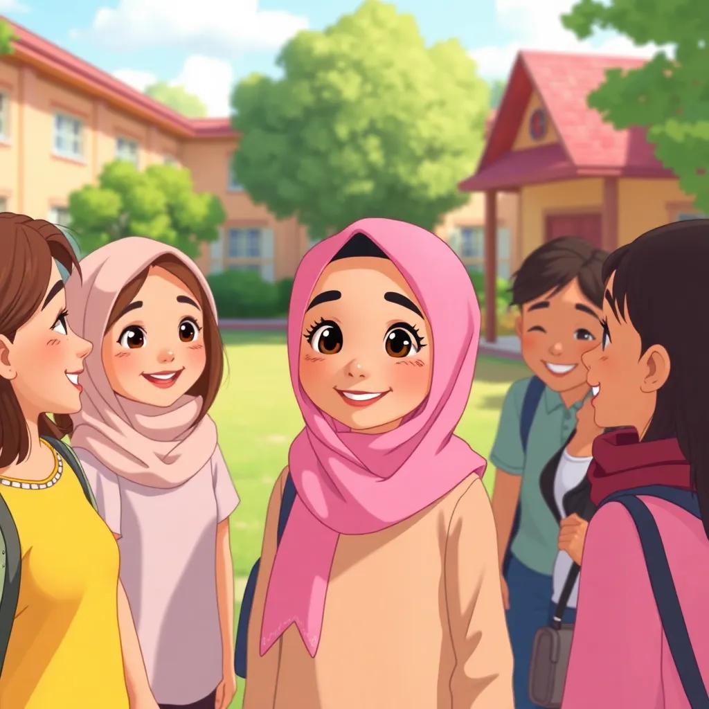 Lana in the schoolyard surrounded by friends, they are smiling and admiring her beautiful pink hijab, cheerful atmosphere, bright colors, playful scene, illustration