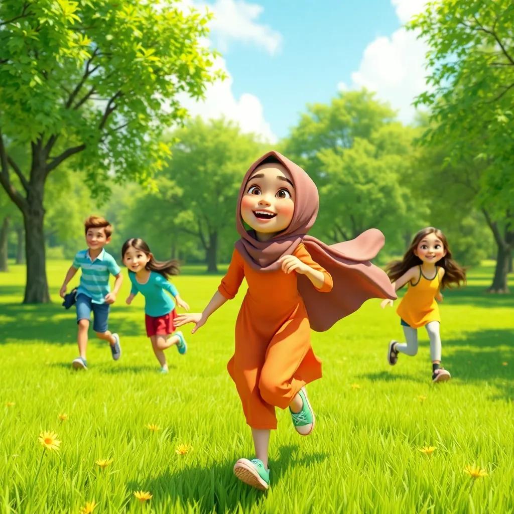 Lana and her friends playing in a bright green park, Lana with her hijab flowing as she runs and laughs, sunny day, vibrant landscape, digital art, joyful
