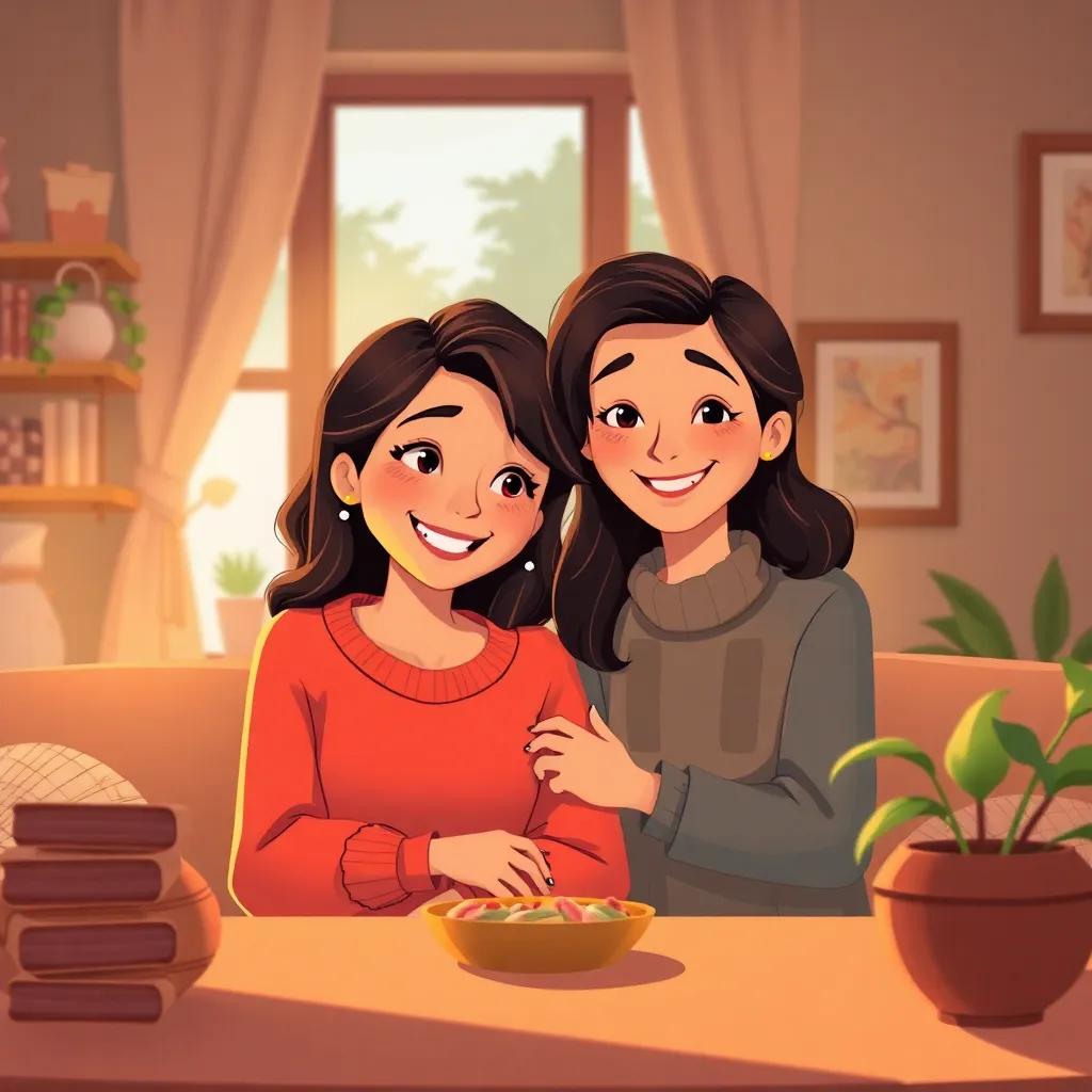 A warm home setting with Lana sharing her day with her mother, both looking happy and proud, warm light, cozy ambiance, illustration