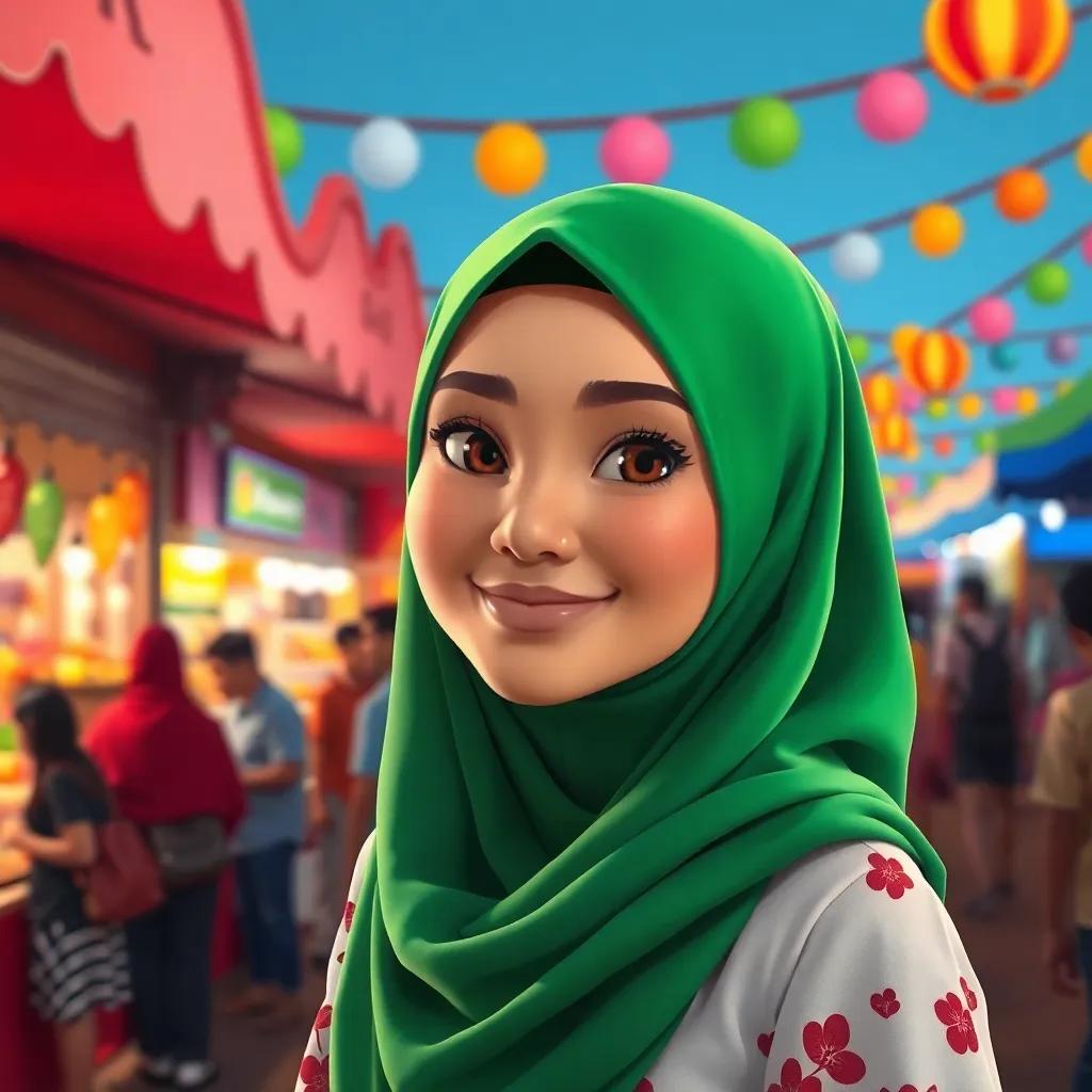 Lana at a colorful local festival wearing her favorite green hijab, surrounded by stalls and people celebrating, festive atmosphere, bright colors, digital art