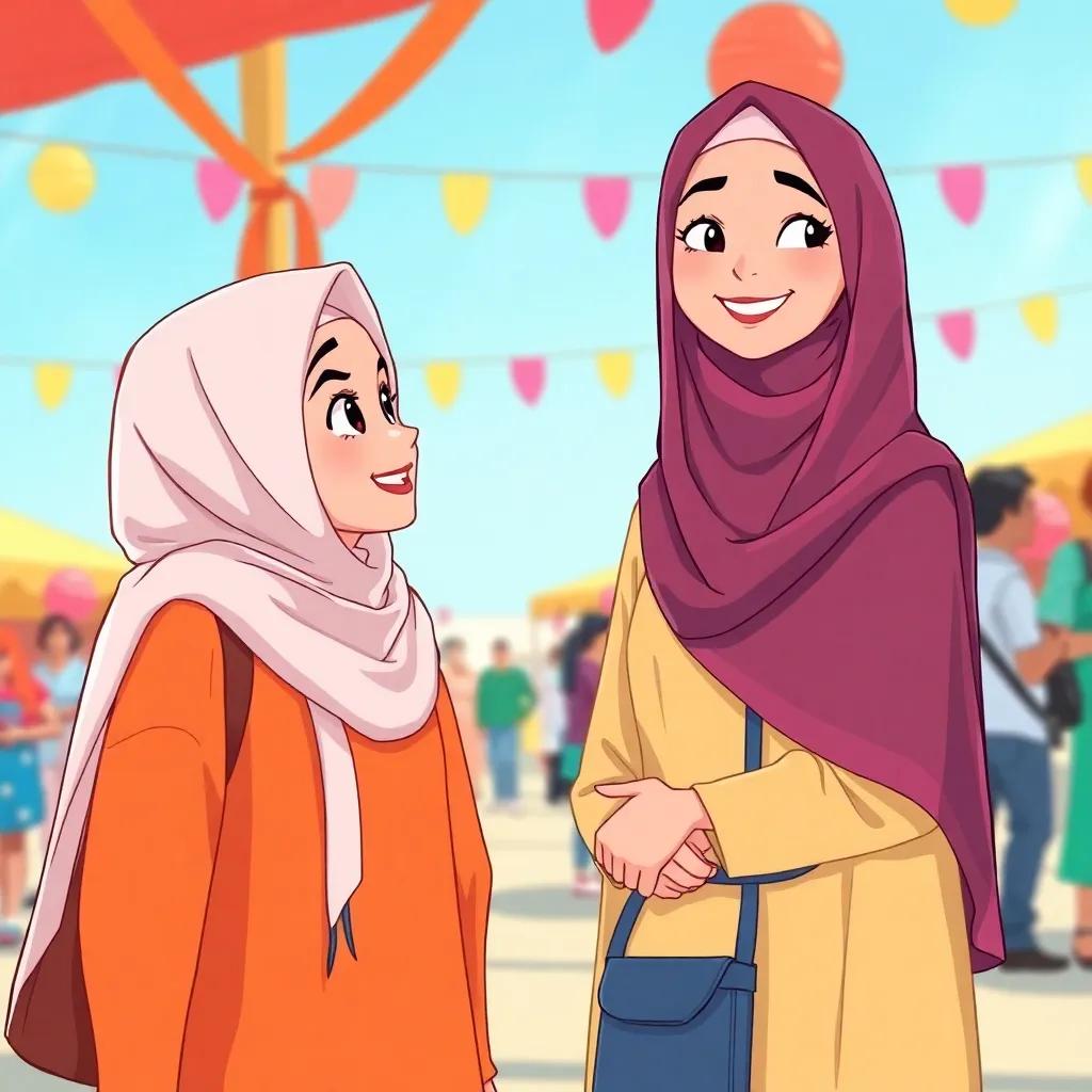 Lana meeting Sara at the festival, both girls wearing their hijabs and smiling happily, vibrant background, lively scene, illustration