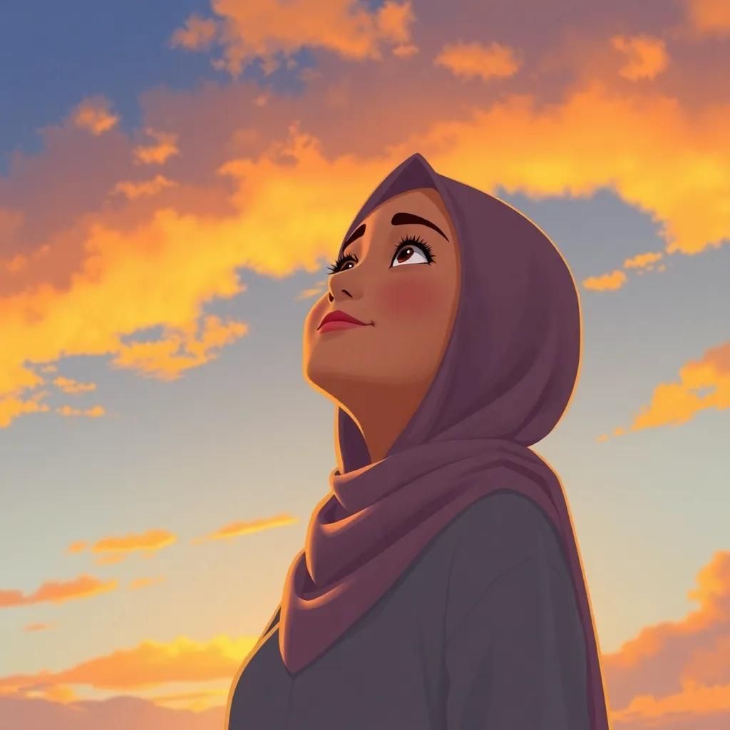 A sunset sky filled with golden hues with Lana looking up, reflecting on her day and the joy of wearing her hijab, warm colors, peaceful atmosphere, digital painting