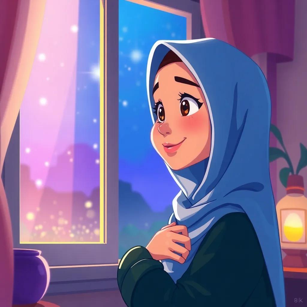 Lana at home, looking out the window with excitement for tomorrow's adventure in her hijab, colorful light, inspiring ambiance, illustration