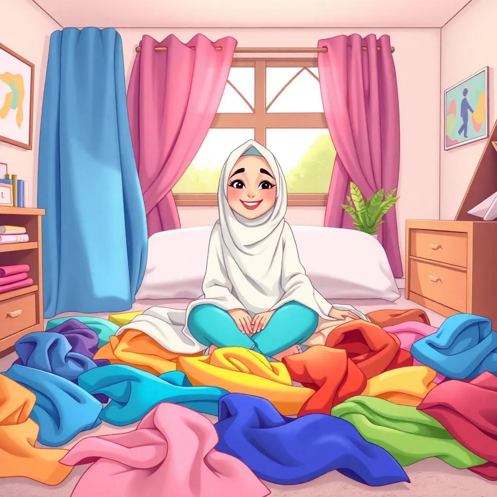 A joyous scene in Lana’s room, laid out are different colored hijabs, showcasing her unique collection, playful and vibrant setting, illustration