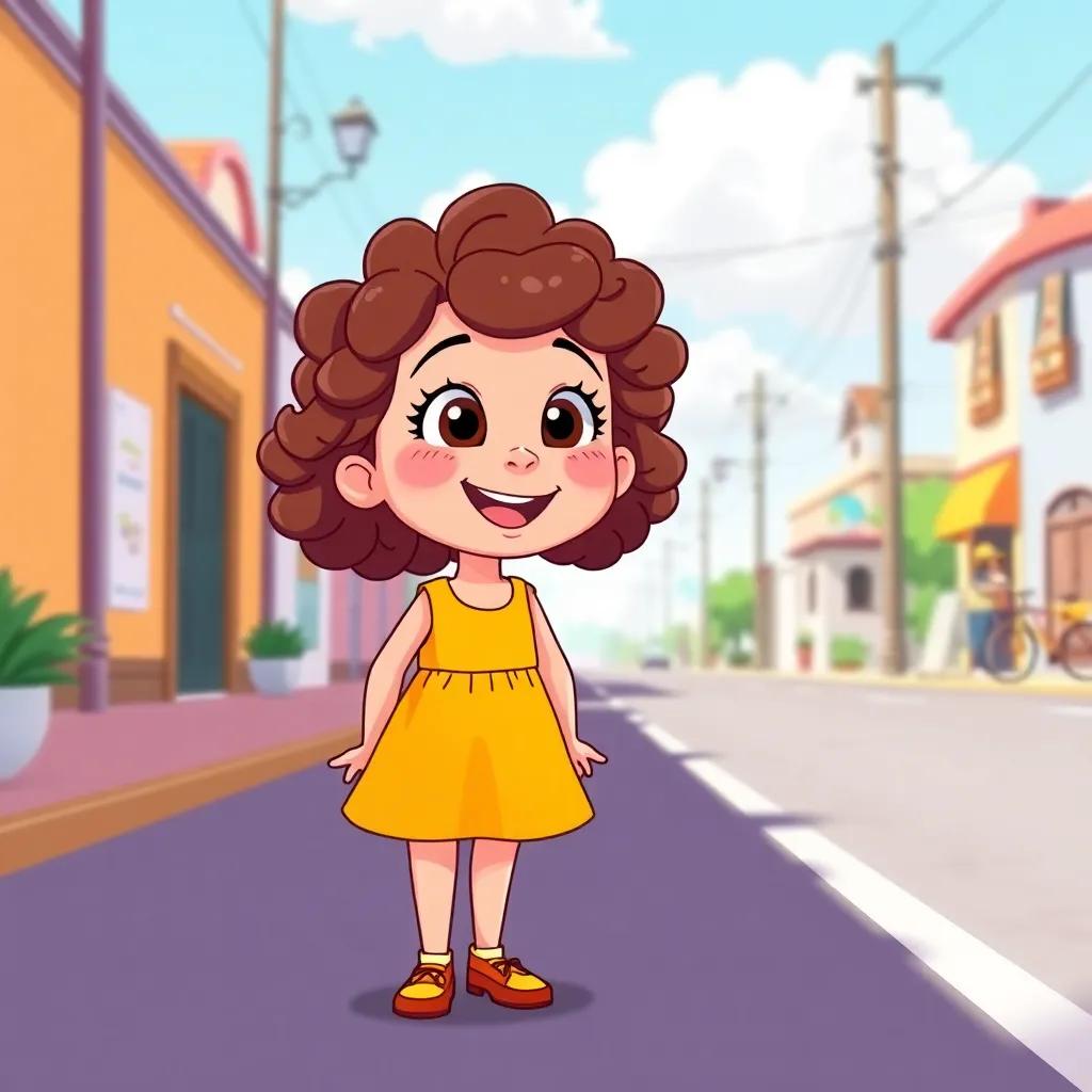 A cheerful girl, Lana, with curly brown hair, wearing a bright yellow dress, standing at the edge of the street with her mom, excited for her adventure, sunny day, colorful scene, happy atmosphere, vibrant colors, illustration