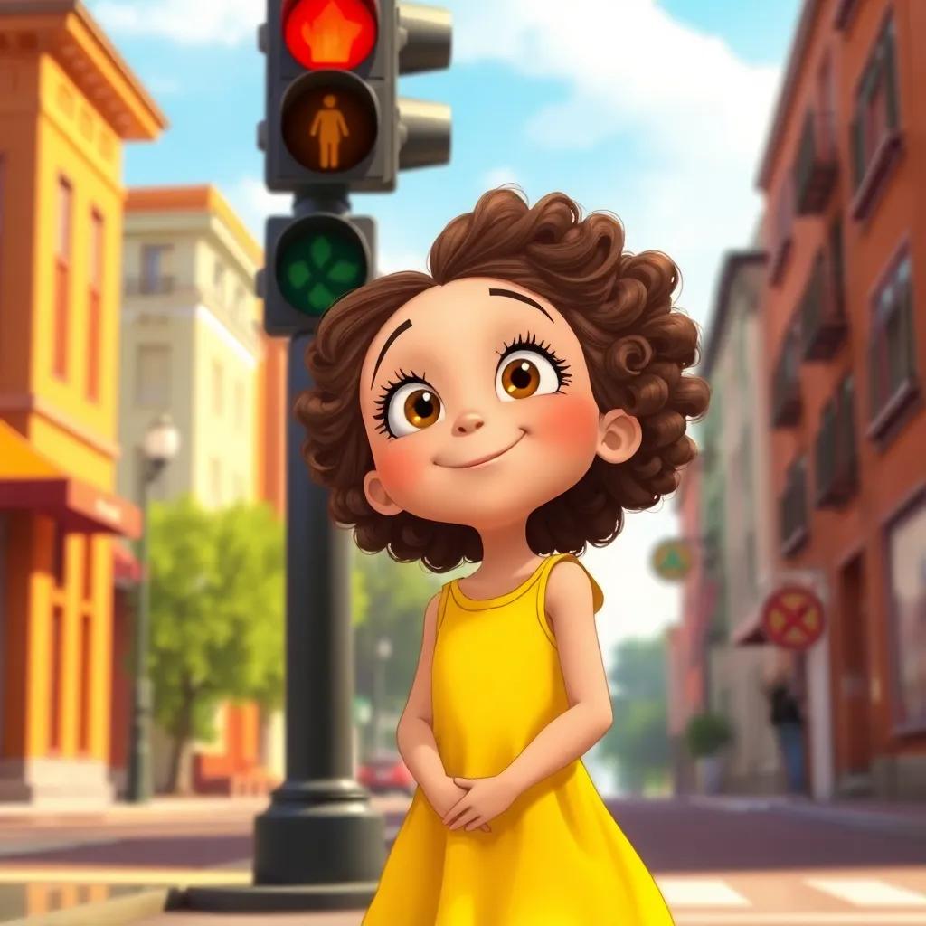 Lana, a cheerful girl with curly brown hair in a bright yellow dress, standing under a red traffic light, looking up in wonder, street background, detailed art, educational, child-friendly, vivid colors, engaging perspective