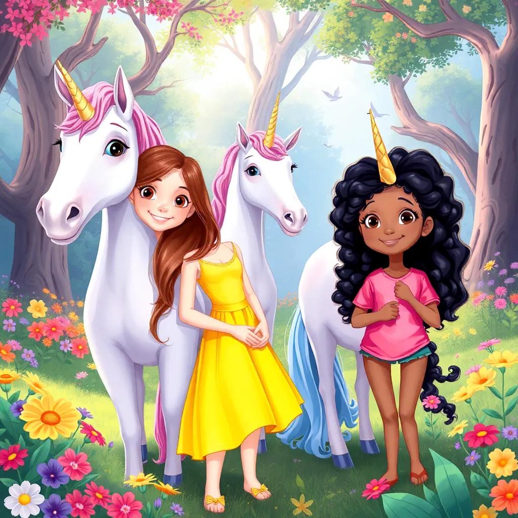 Lara, a young girl with long brown hair, wearing a bright yellow dress, and Sophia, a young girl with curly black hair, in a pink shirt, standing beside their unicorns in a magical forest, colorful flowers, enchanting trees, digital art, vibrant colors, cheerful atmosphere, high quality