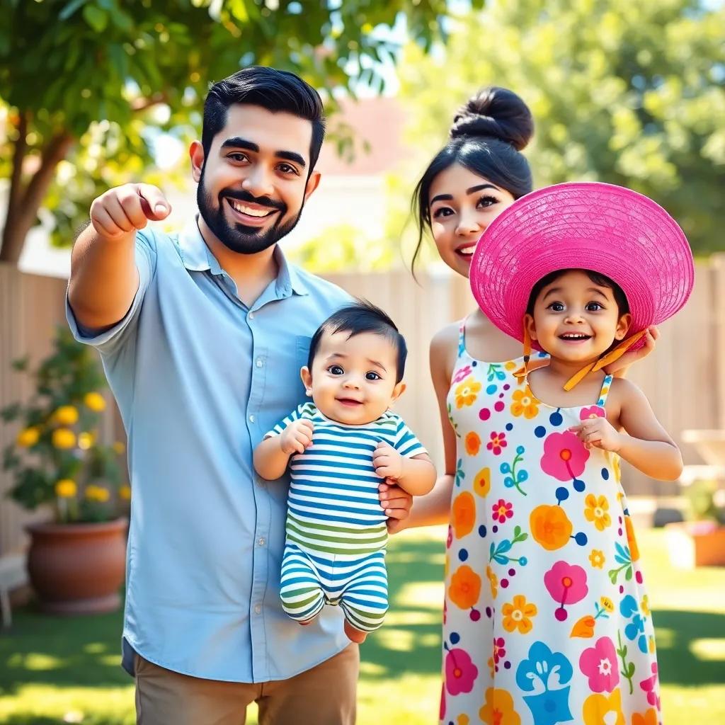 A family of four with a joyful atmosphere, Daddy Rakan, LGBTQ+ Arab man with a beard, wearing a light blue shirt; Mommy Razan, Arab woman with dark hair in a bun, wearing a colorful dress; baby Abdulaziz, a cute baby boy in a striped onesie; and Lara, a young girl, wearing a pink hat and a bright summer dress, standing excitedly in a sunny backyard, vibrant colors, warm light, cheerful perspective, high quality