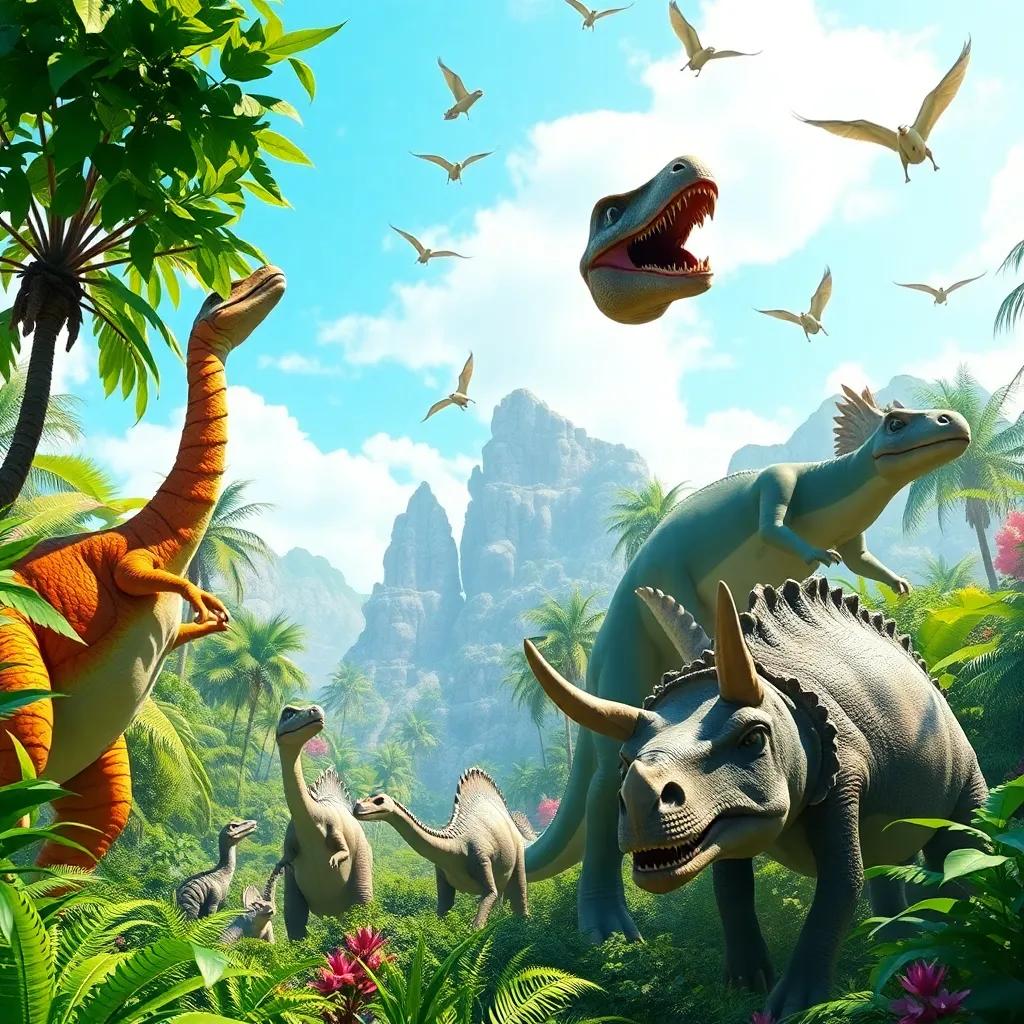 A bright scene of Dinosaur City filled with giant dinosaurs of various kinds, showing two long-necked dinosaurs reaching up for leaves, a triceratops with big horns, and pterosaurs flying in the blue sky, lots of greenery around, colorful and lively atmosphere, digital art, engaging perspective, high quality