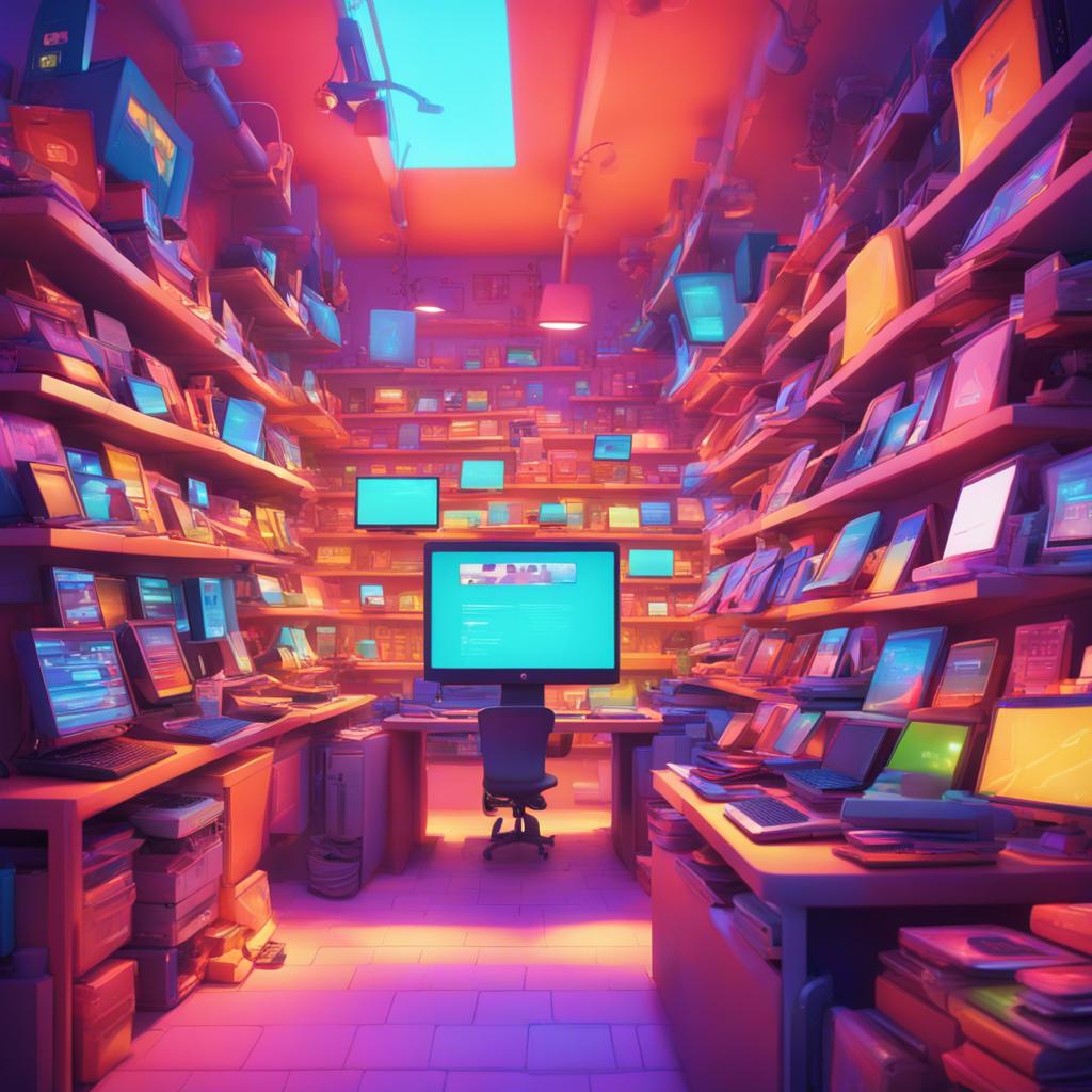 A bright and colorful shop called Laptop Land, filled with happy used laptops, each glowing with a friendly smile, cheerful atmosphere, digital art, vibrant colors, inviting perspective, high resolution