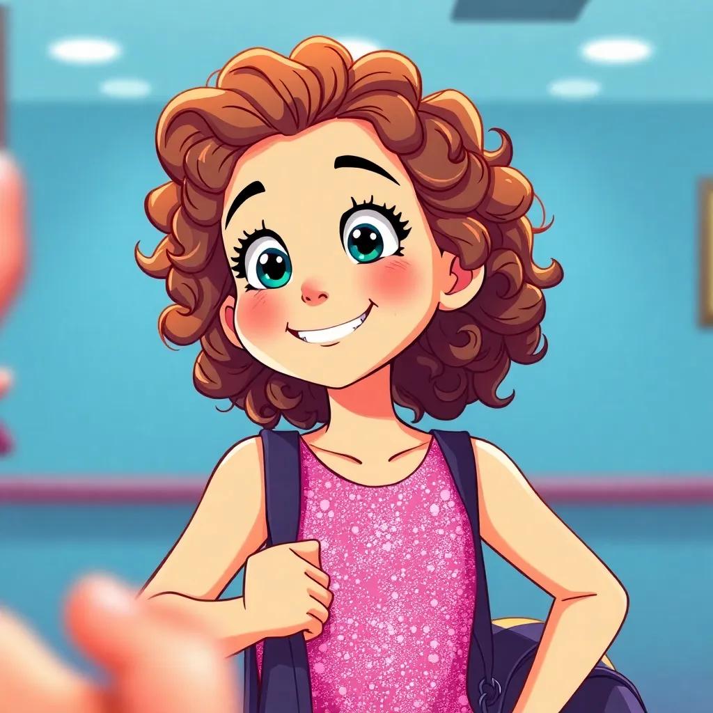 A cheerful girl, Lara, with brown curly hair wearing a sparkly pink leotard, looking in the mirror with excitement in her eyes, holding a gym bag, illustration, bright and colorful, focused on her face, lively atmosphere, delightful