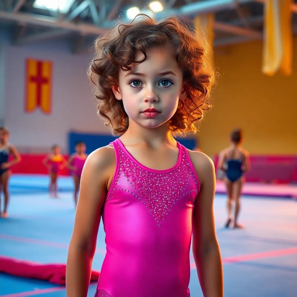 Lara, a young girl with brown curly hair in a sparkly pink leotard, standing on a gymnastics mat, with other gymnasts around, feeling nervous yet determined, vibrant colors, dramatic lighting, inspiring scene, high-quality