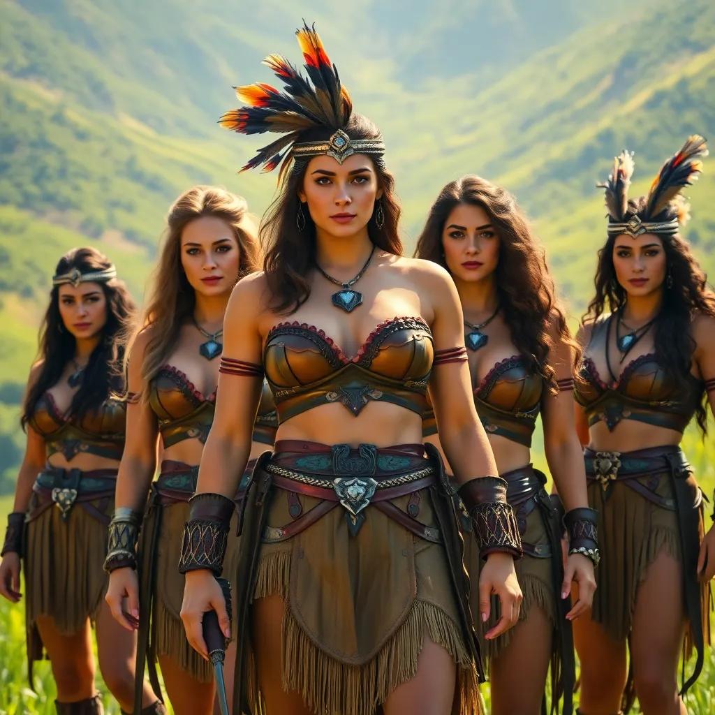 A group of strong women, the amazon warriors led by Yva, standing in a vibrant green valley, confident expressions, wearing warrior outfits made of leather and adorned with feathers, commanding presence, fantasy art, warm sunlight, colorful and rich atmosphere, heroic angle, high quality