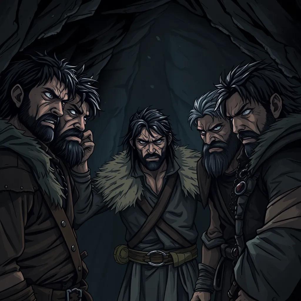 An intense scene of the male characters, including Maxtor, plotting in a dark cave, rugged looks, dressed in worn-out clothes, expressions of anger and determination, dramatic shadows, tension in the air, illustration, gritty and dark, capturing the essence of rebellion, high quality