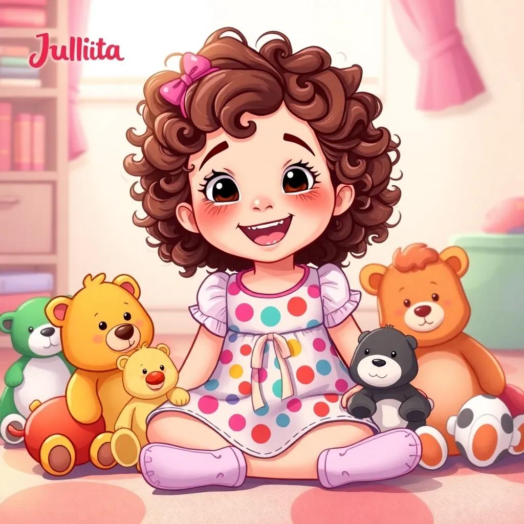 A young girl, Julieta, with curly brown hair wearing a colorful dress, sitting on the floor surrounded by her stuffed animals, joyful and excited, bright colors, cozy atmosphere, digital art, cheerful and vibrant