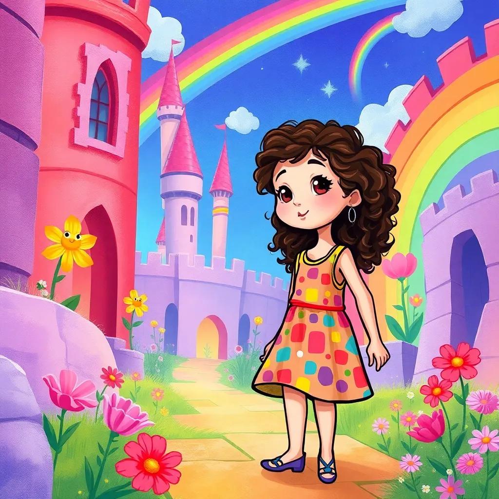Julieta, a young girl with curly brown hair in a colorful dress, exploring a magical castle with rainbow walls and singing flowers, fun and whimsical, bright colors, playful perspective, digital art, enchanting and vivid
