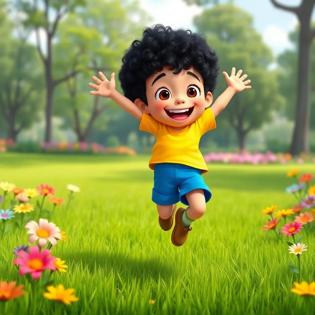 A happy boy named Bello, with curly black hair wearing a bright yellow t-shirt and blue shorts, jumping joyfully in a park surrounded by green grass and colorful flowers, digital art, vibrant colors, cheerful atmosphere, high quality