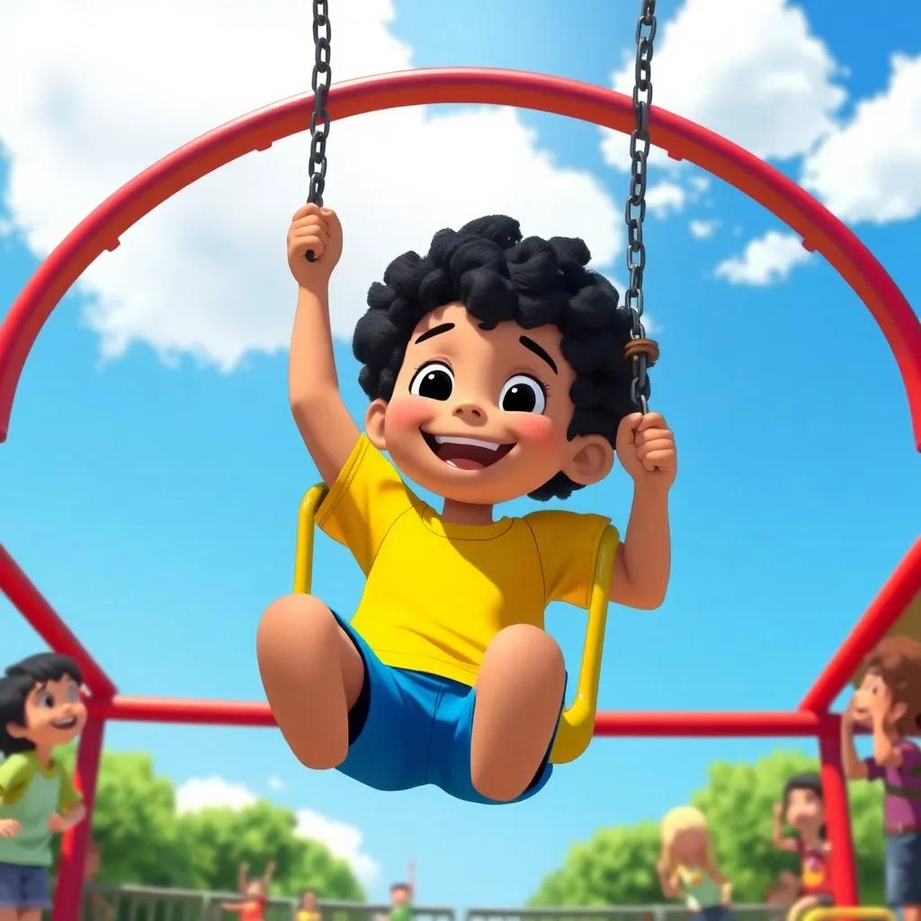 Bello, a happy boy with curly black hair, is swinging high in a playground, wearing a bright yellow t-shirt and blue shorts, under a clear blue sky with fluffy white clouds, cheerful smile, friends cheering him on, playful scene, detailed illustration, bright colors
