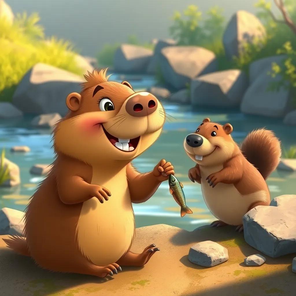 Capi, a happy capybara, with a friendly beaver beside him, planning to catch fish by a river with stones in the background, detailed illustration, playful and engaging, warm light, delightful scenery, high quality