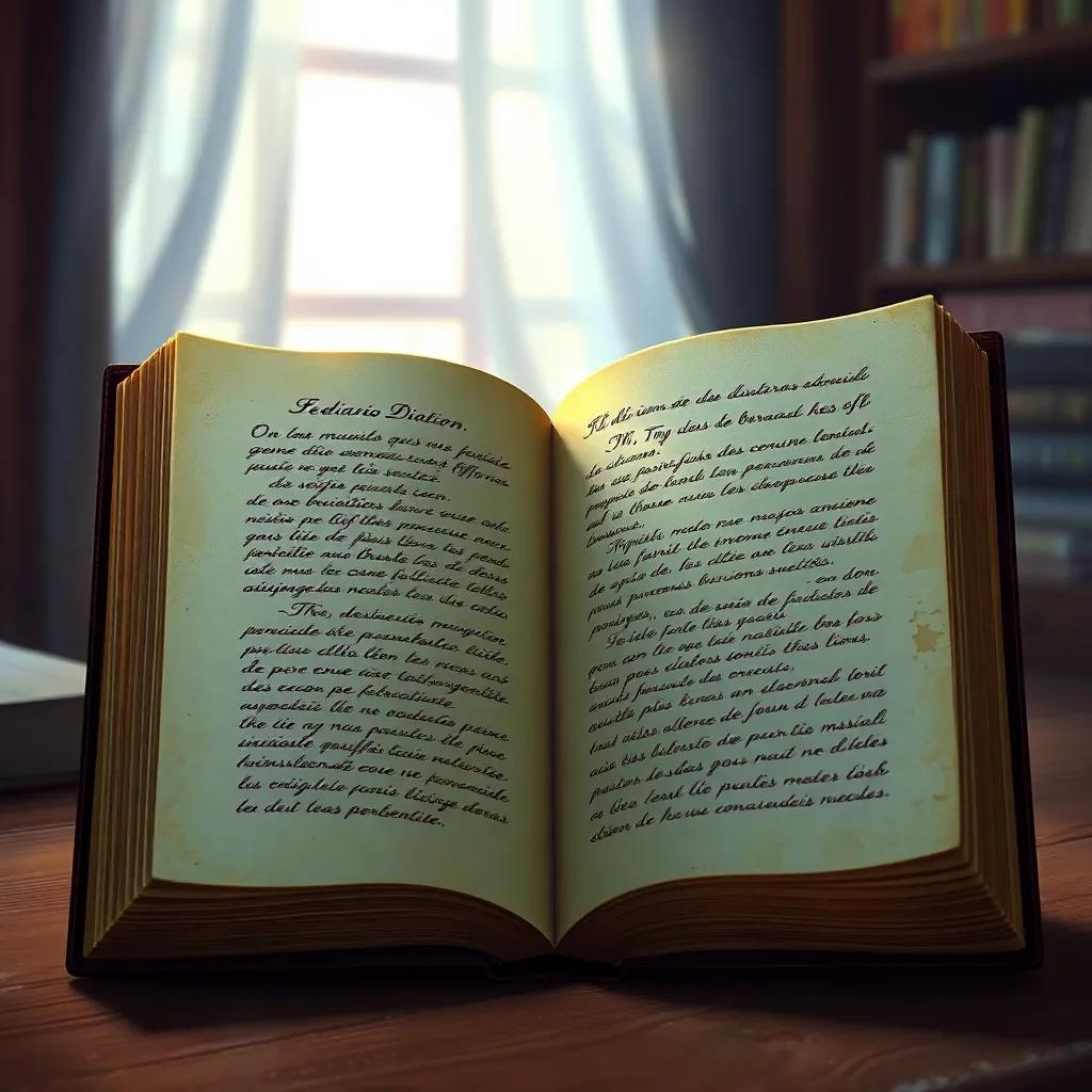 El diario antiguo abierto, con páginas amarillas llenas de letras en escritura cursiva, con un fondo de luz suave que ilumina la habitación, digital painting, nostálgico, mágico, enfocado, vibrante