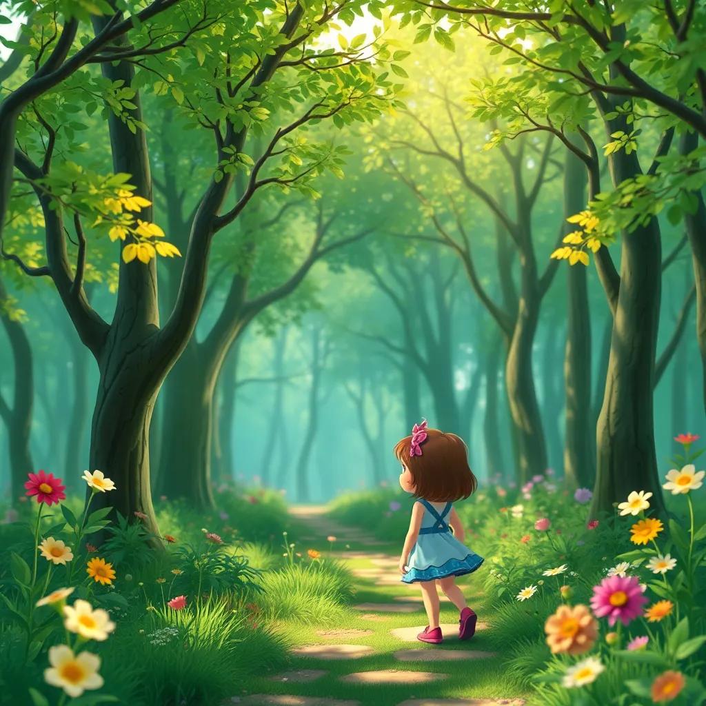 Una imagen mágica de un bosque verde, con árboles altos y hojas que brillan, Clara de pie mirando un camino cubierto de flores, ilustración colorida, alegre, aventurera, ángulo de perspectiva, alta calidad